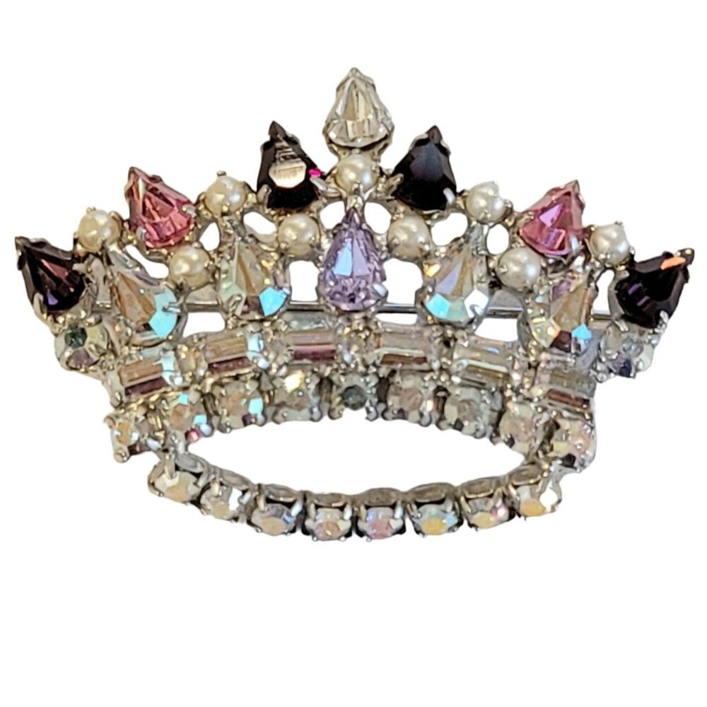 B David Pink Purple AB Rhinestone Faux Seed Pearl Family Crown Pin Signed M136